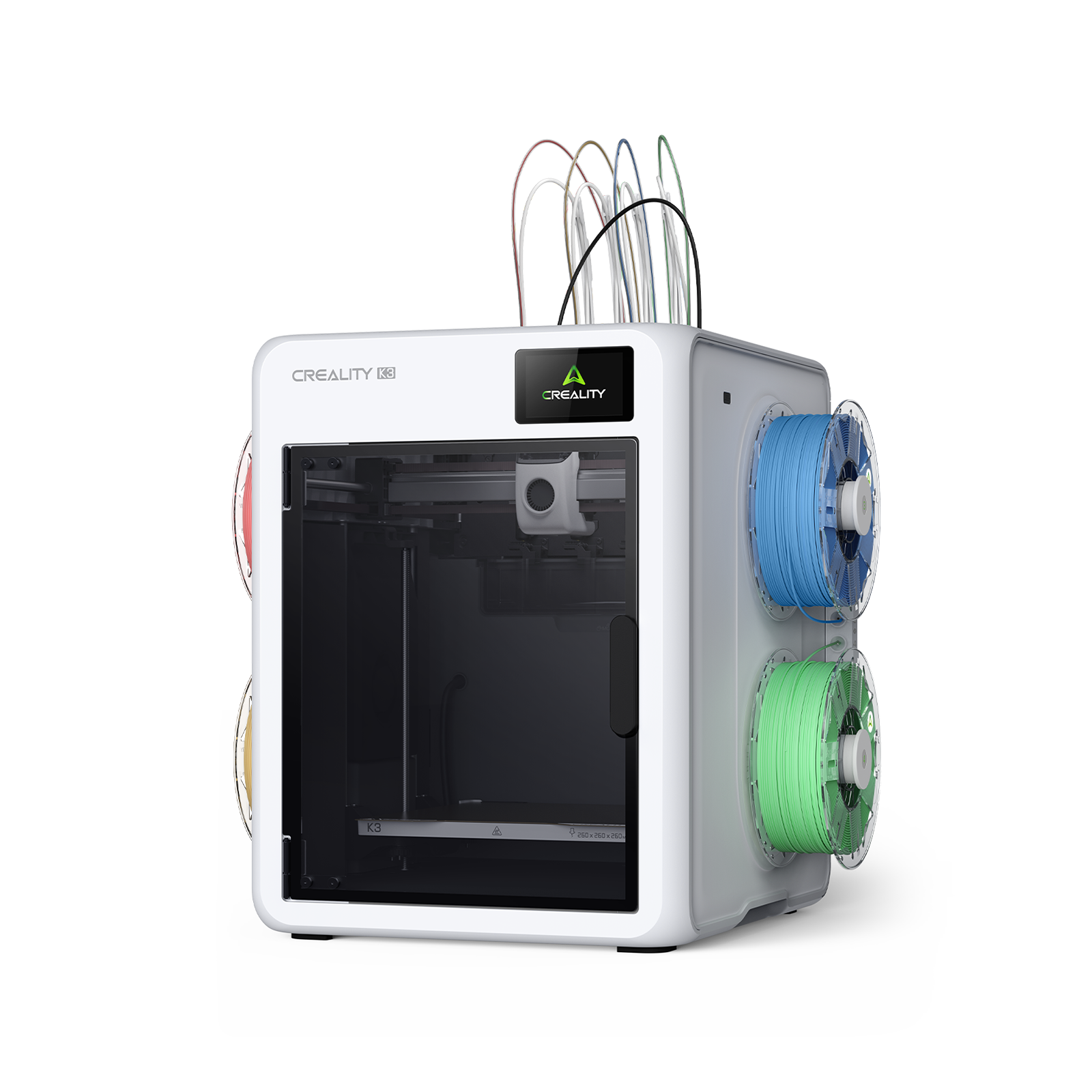 Creality K3 3D printer featuring a soft white chassis, front glass door, and four side-mounted filament spools