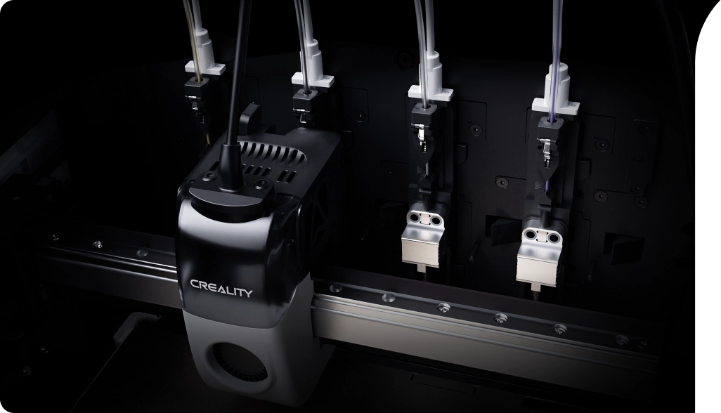 Rear docking bay of the Creality K3 with four distinct nozzle docks and PTFE guide tubes