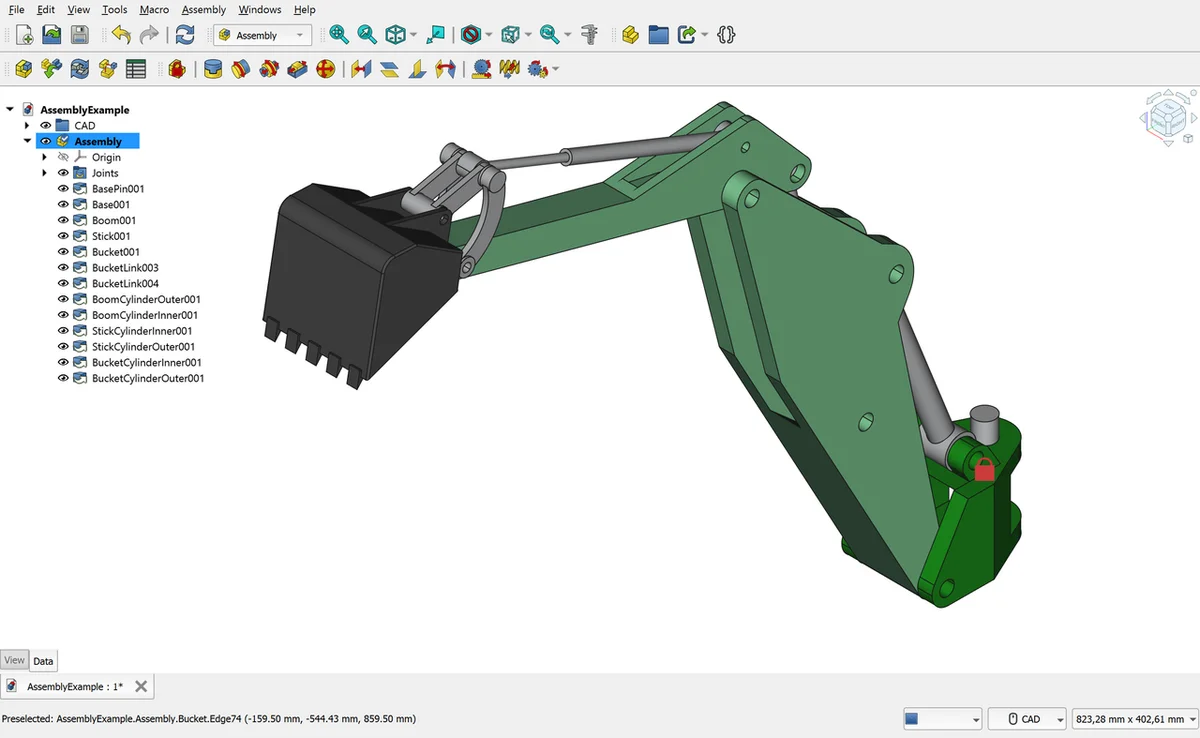 FreeCAD 1.0 interface showing parametric mechanical 3D assembly